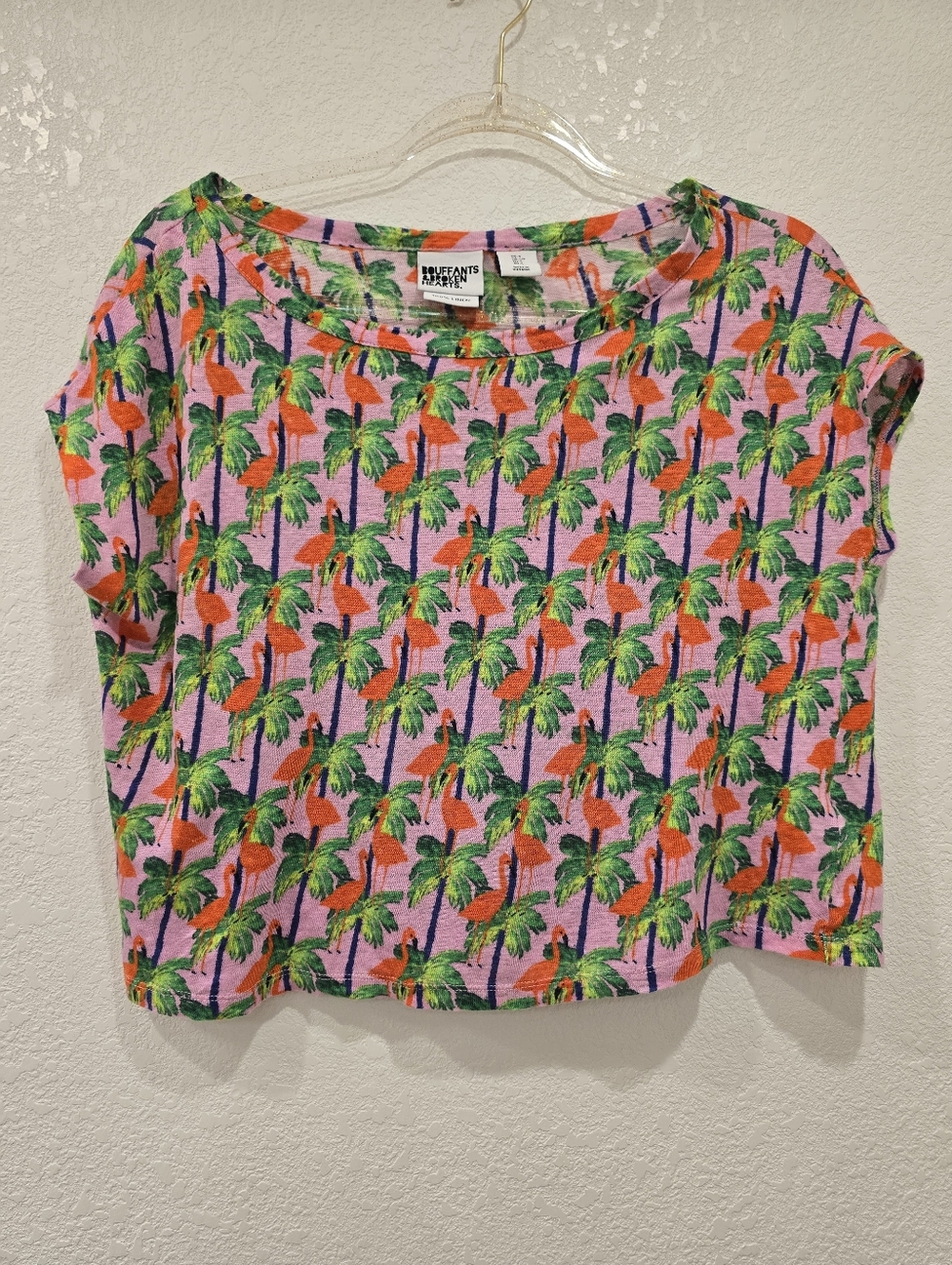 Bouffants & Broken Hearts Top 100% linen pink flamingo Palm Tree S